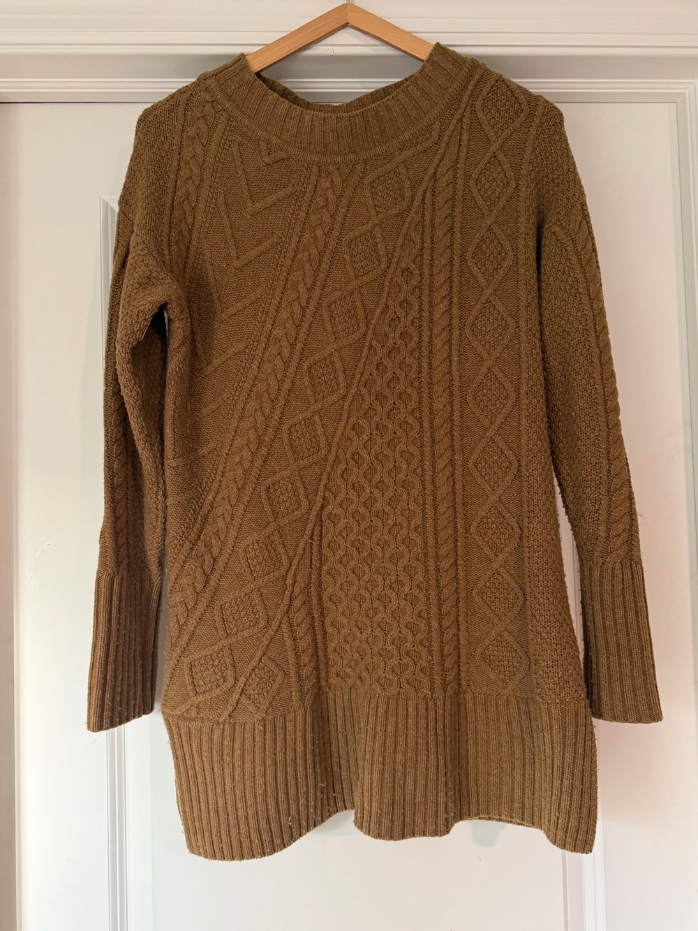 J. Crew Cable-Knit Crewneck Sweater in Camel Brown
